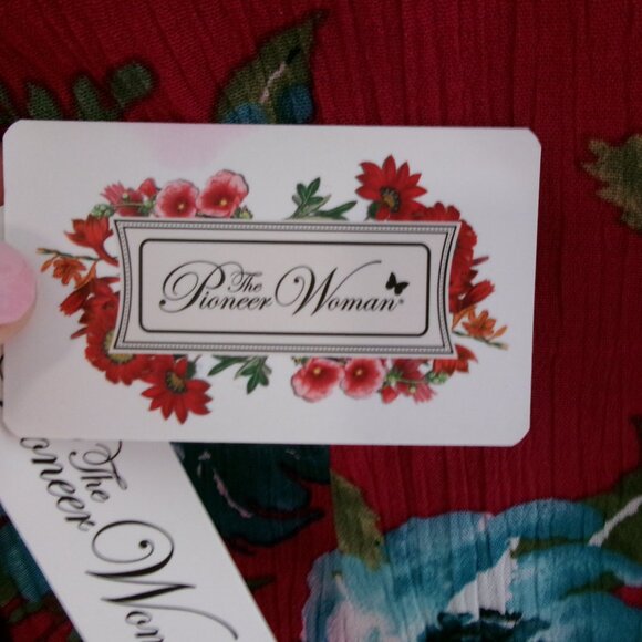 New Pioneer Woman Flowy Gauze Floral Print Boho Top Blouse S Fuchsia Red Blue - Picture 10 of 12